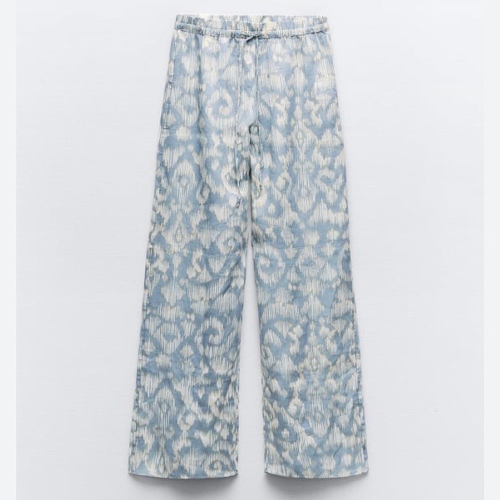 Zara NWT Beachy Casual Wide Leg Light Blue/Cream Ikat-Print Drawstring Pant SZ S